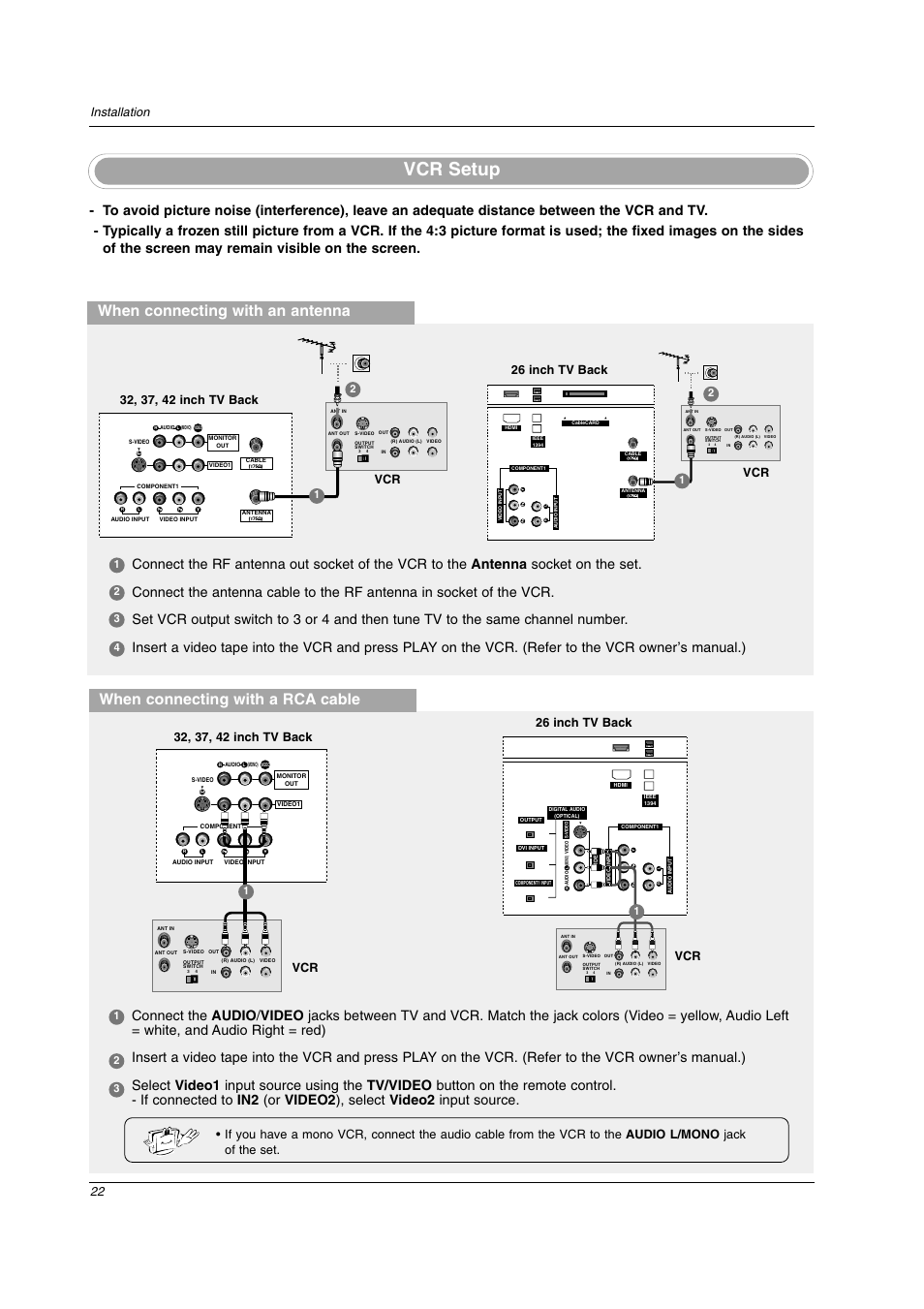 Vcr setup, When connecting with an antenna, When connecting with a rca cable | 22 installation, 26 inch tv back | LG 26LX2D User Manual | Page 22 / 116