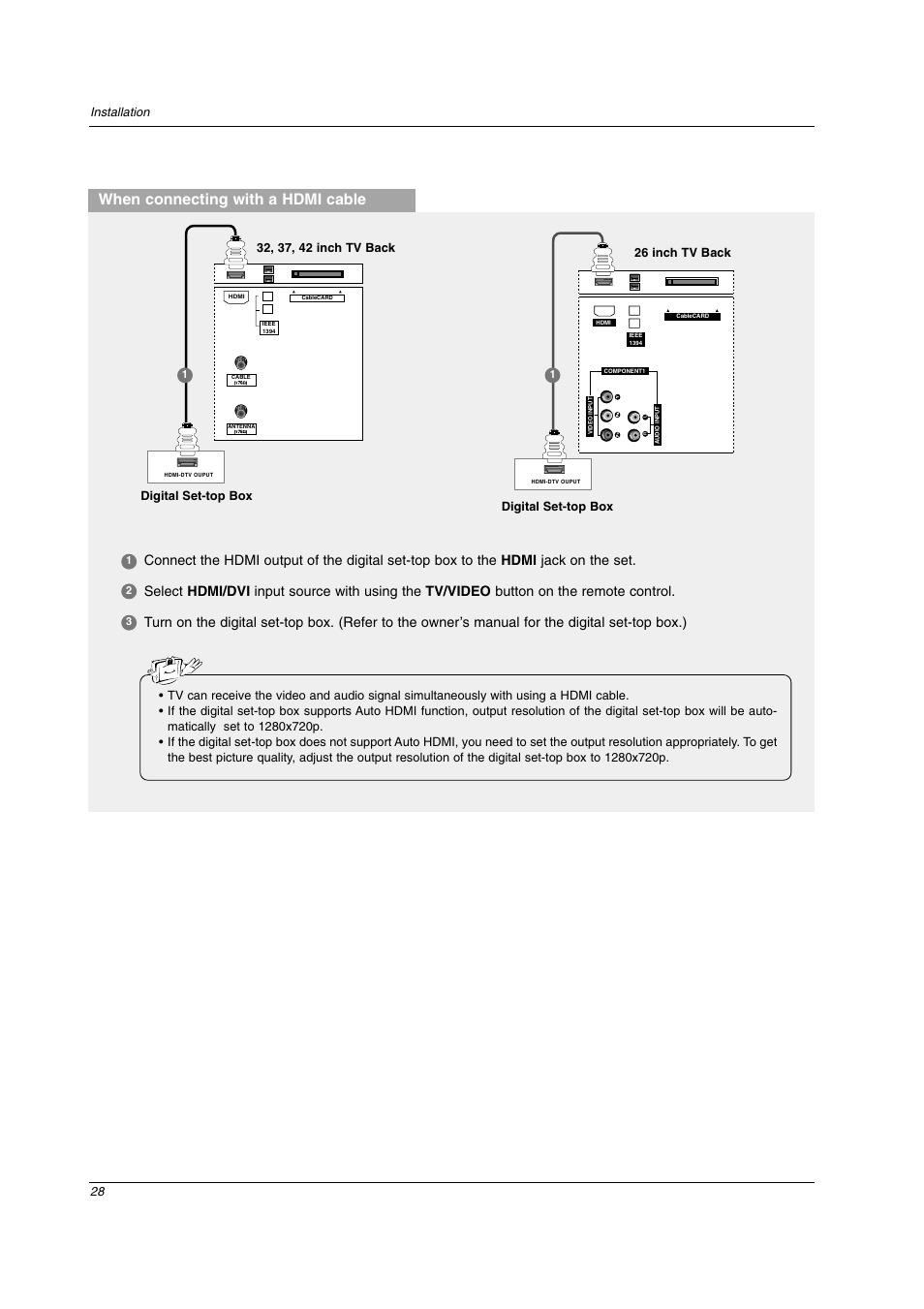 When connecting with a hdmi cable | LG 26LX2D User Manual | Page 28 / 116