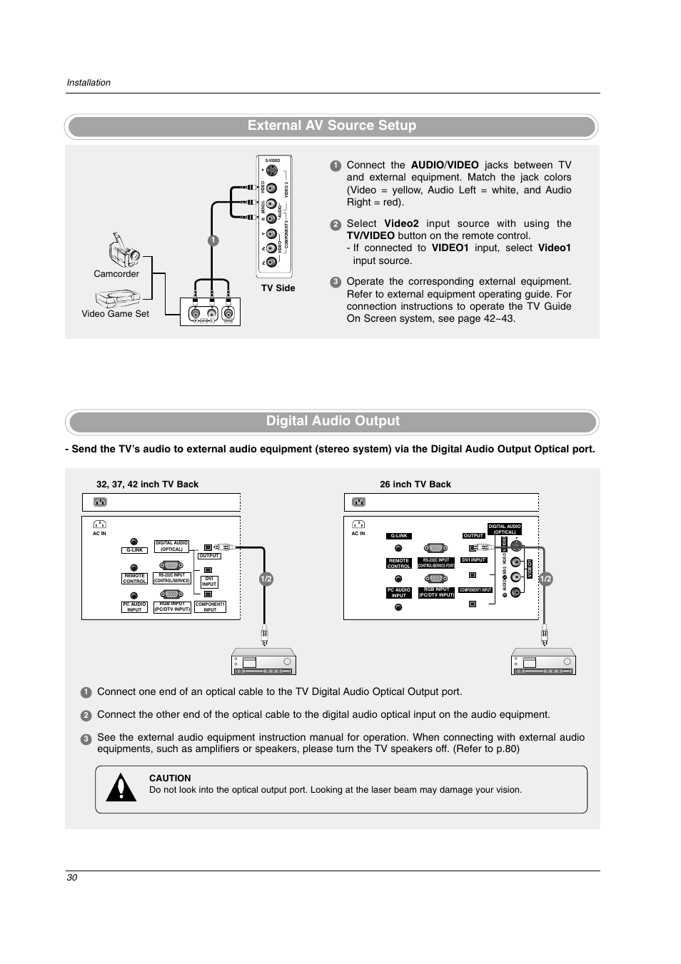 Digital audio output, External av source setup, 30 installation | Camcorder video game set tv side | LG 26LX2D User Manual | Page 30 / 116