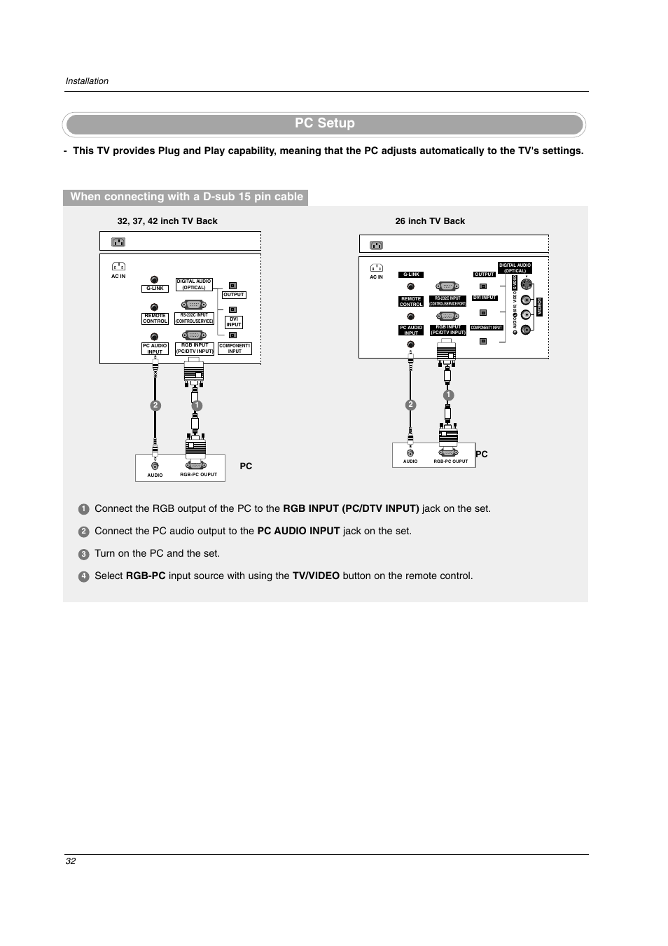 Pc setup, When connecting with a d-sub 15 pin cable, 32 installation | LG 26LX2D User Manual | Page 32 / 116