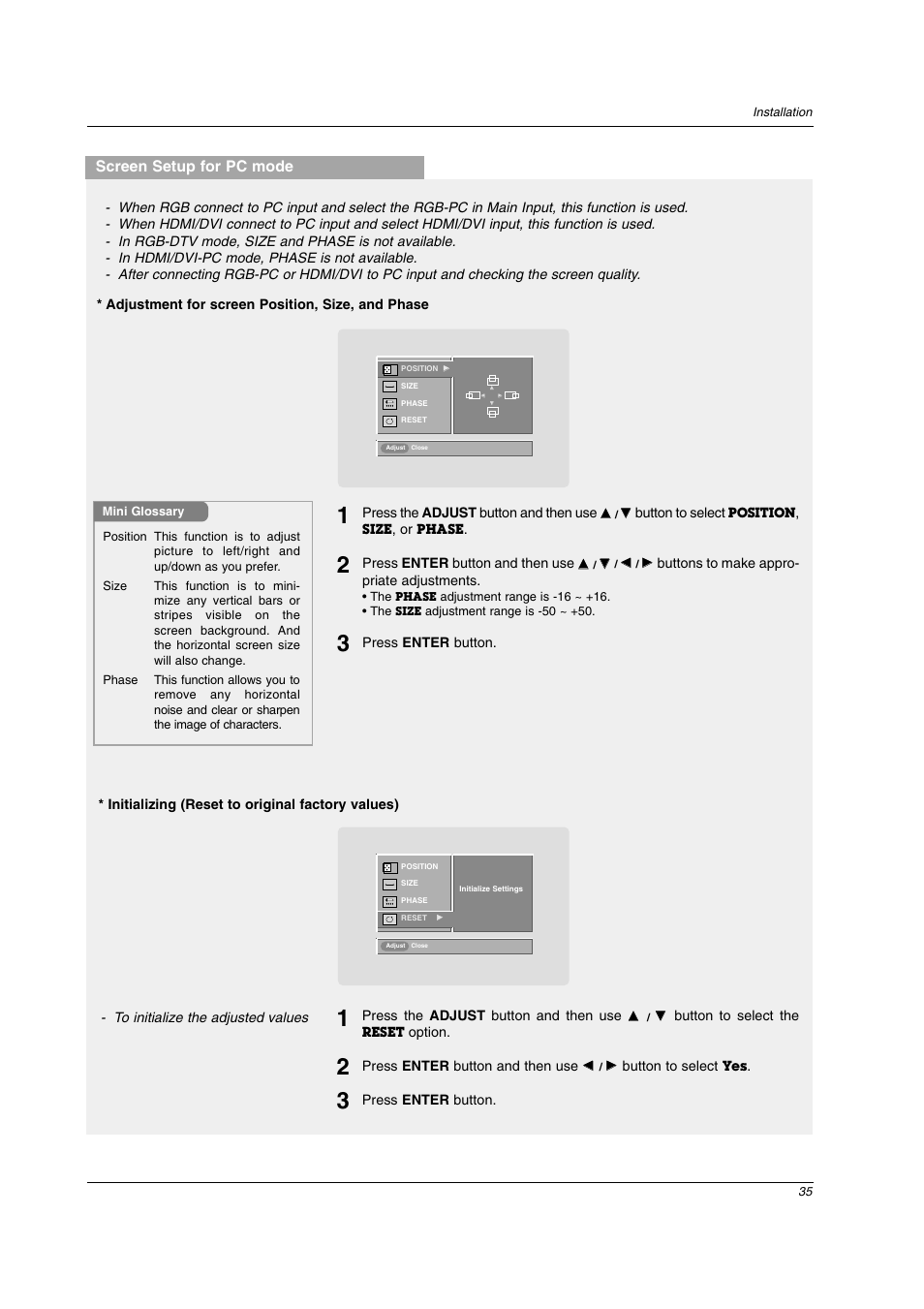 Screen setup for pc mode | LG 26LX2D User Manual | Page 35 / 116