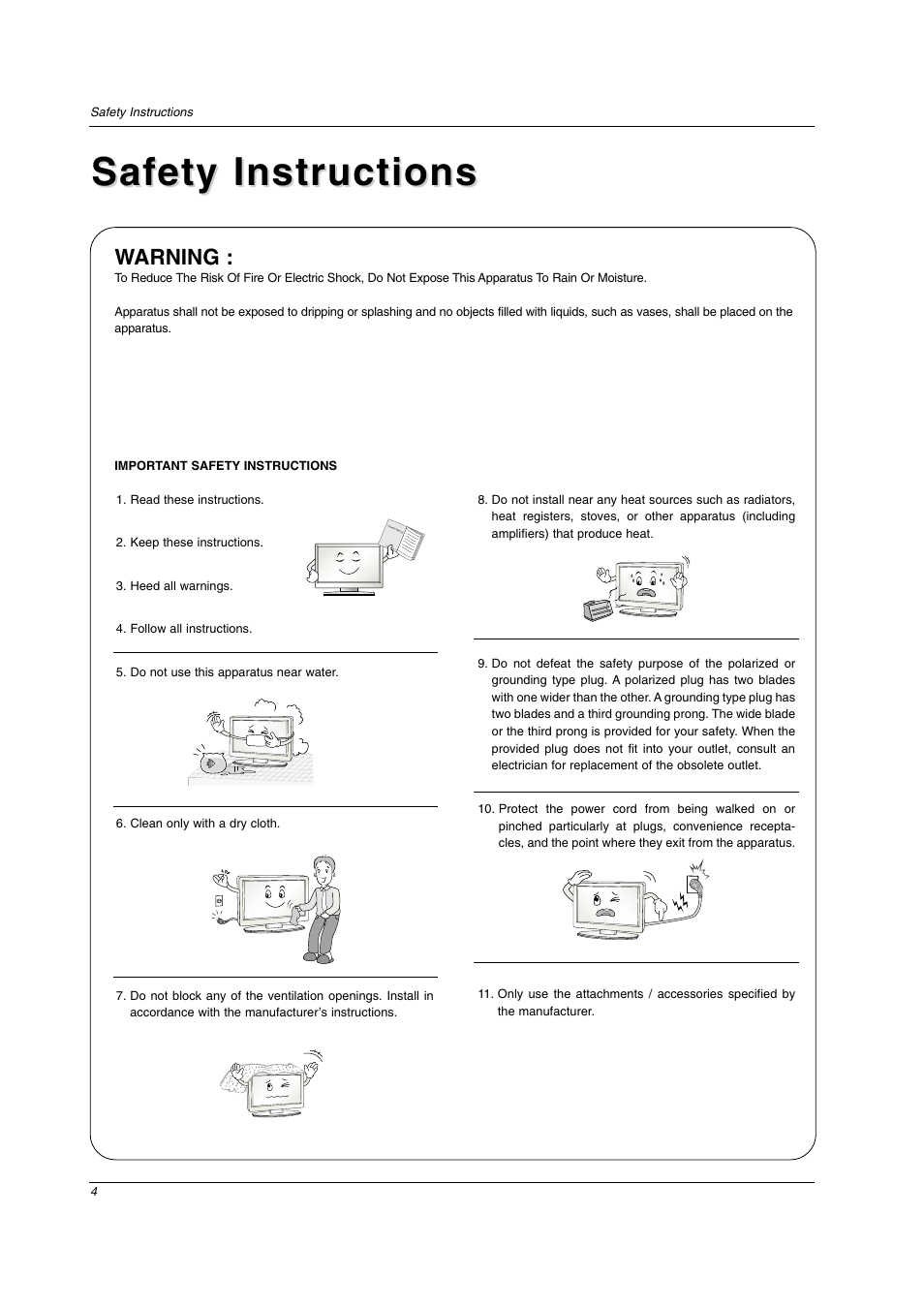 Safety instructions, Warning | LG 26LX2D User Manual | Page 4 / 116