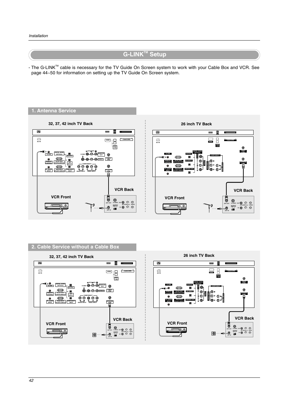 G-link, Setup, Antenna service | Cable service without a cable box, The g-link, 42 installation, Vcr back, Vcr front, Vcr front vcr back vcr back | LG 26LX2D User Manual | Page 42 / 116