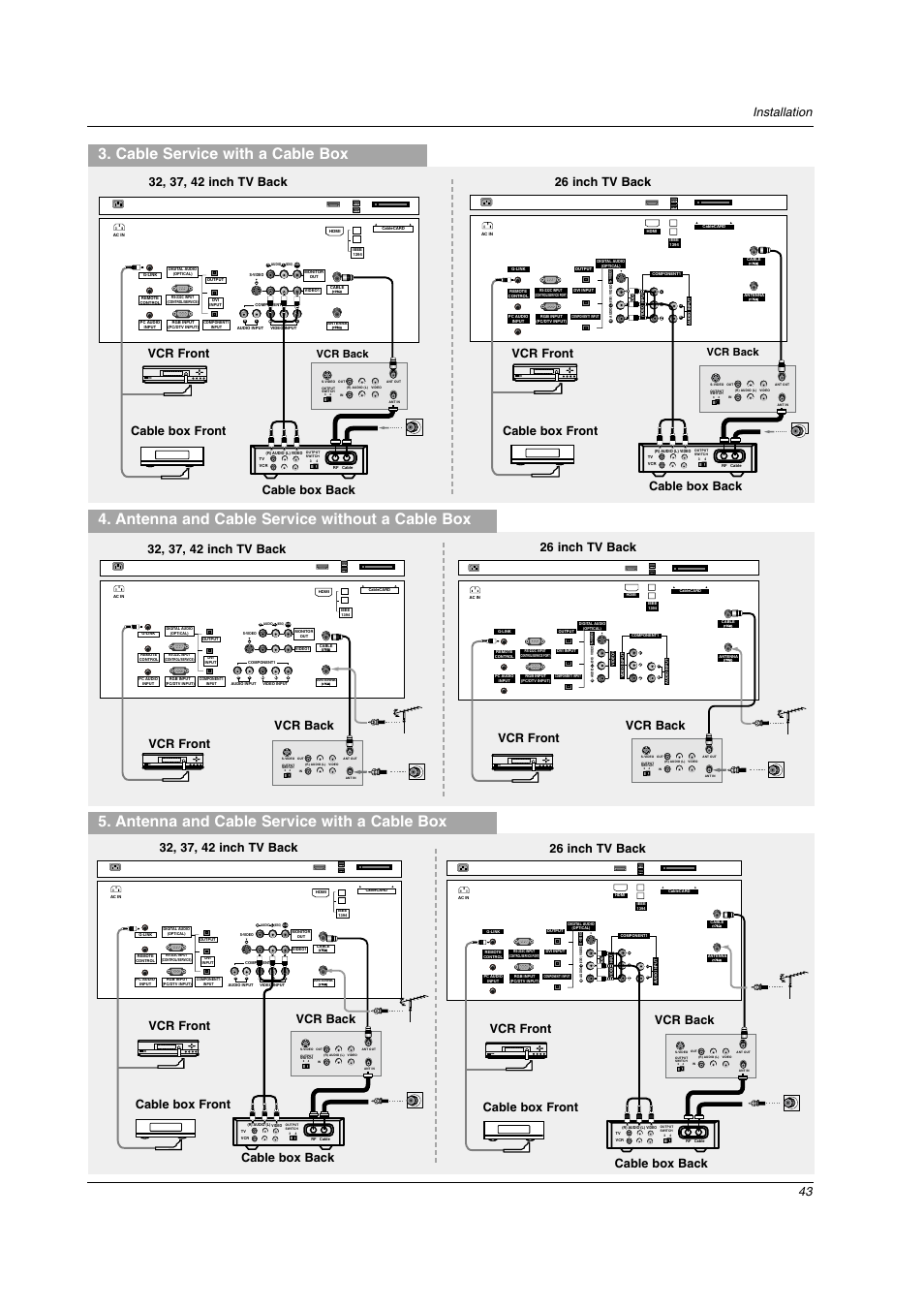 Cable service with a cable box, 43 installation, Cable box back | Vcr front, Vcr front cable box front cable box front, Vcr back | LG 26LX2D User Manual | Page 43 / 116