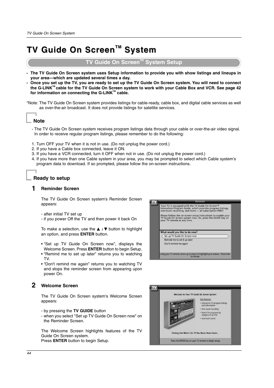 System, Tv guide on screen, System setup | LG 26LX2D User Manual | Page 44 / 116