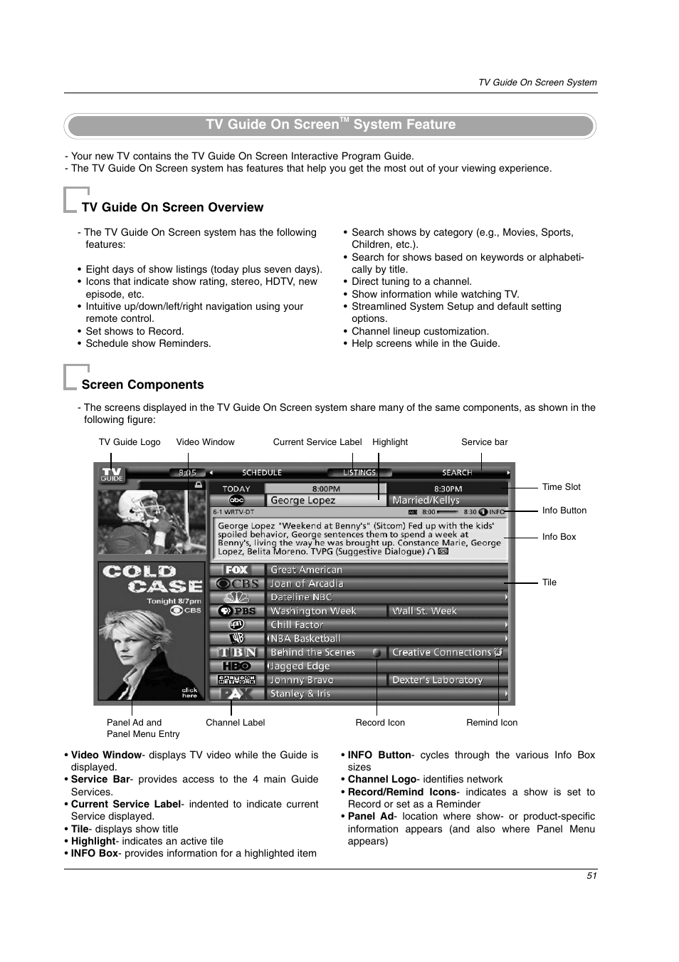 Tv guide on screen, System feature | LG 26LX2D User Manual | Page 51 / 116