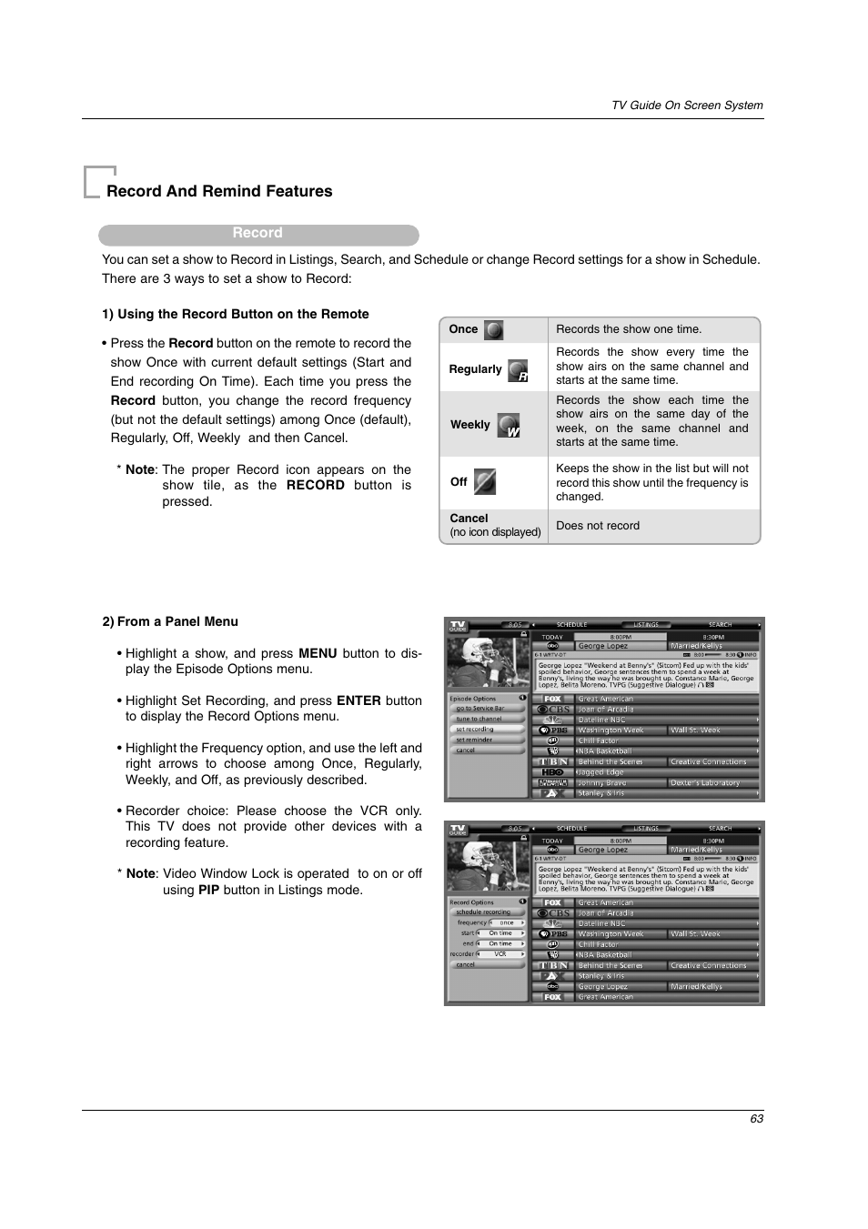Record and remind features | LG 26LX2D User Manual | Page 63 / 116