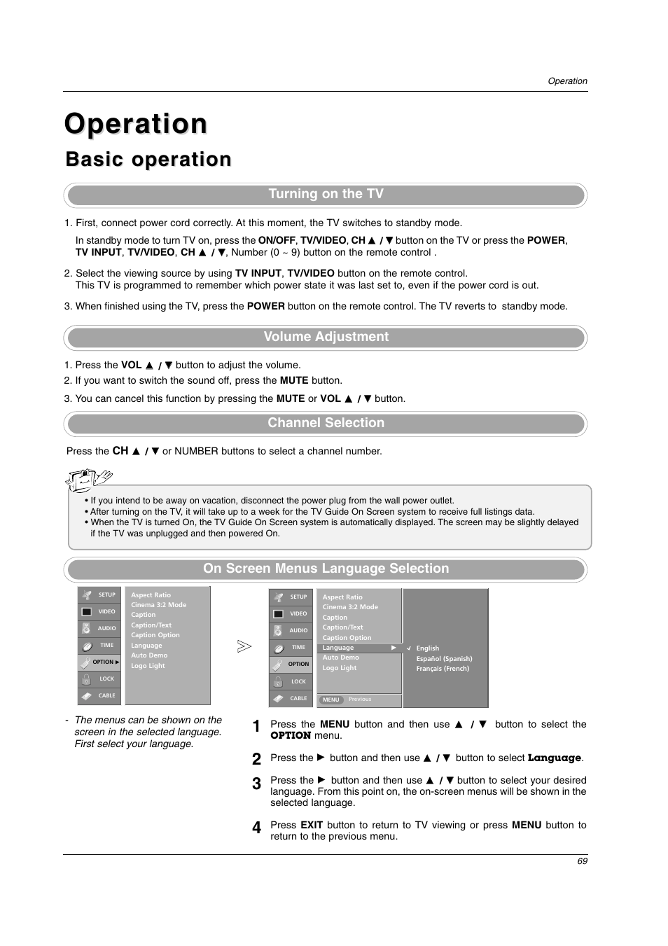 Operation, Basic operation | LG 26LX2D User Manual | Page 69 / 116