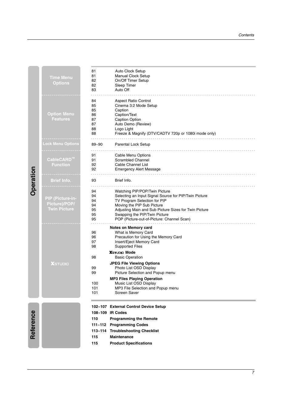 Reference, Operation | LG 26LX2D User Manual | Page 7 / 116