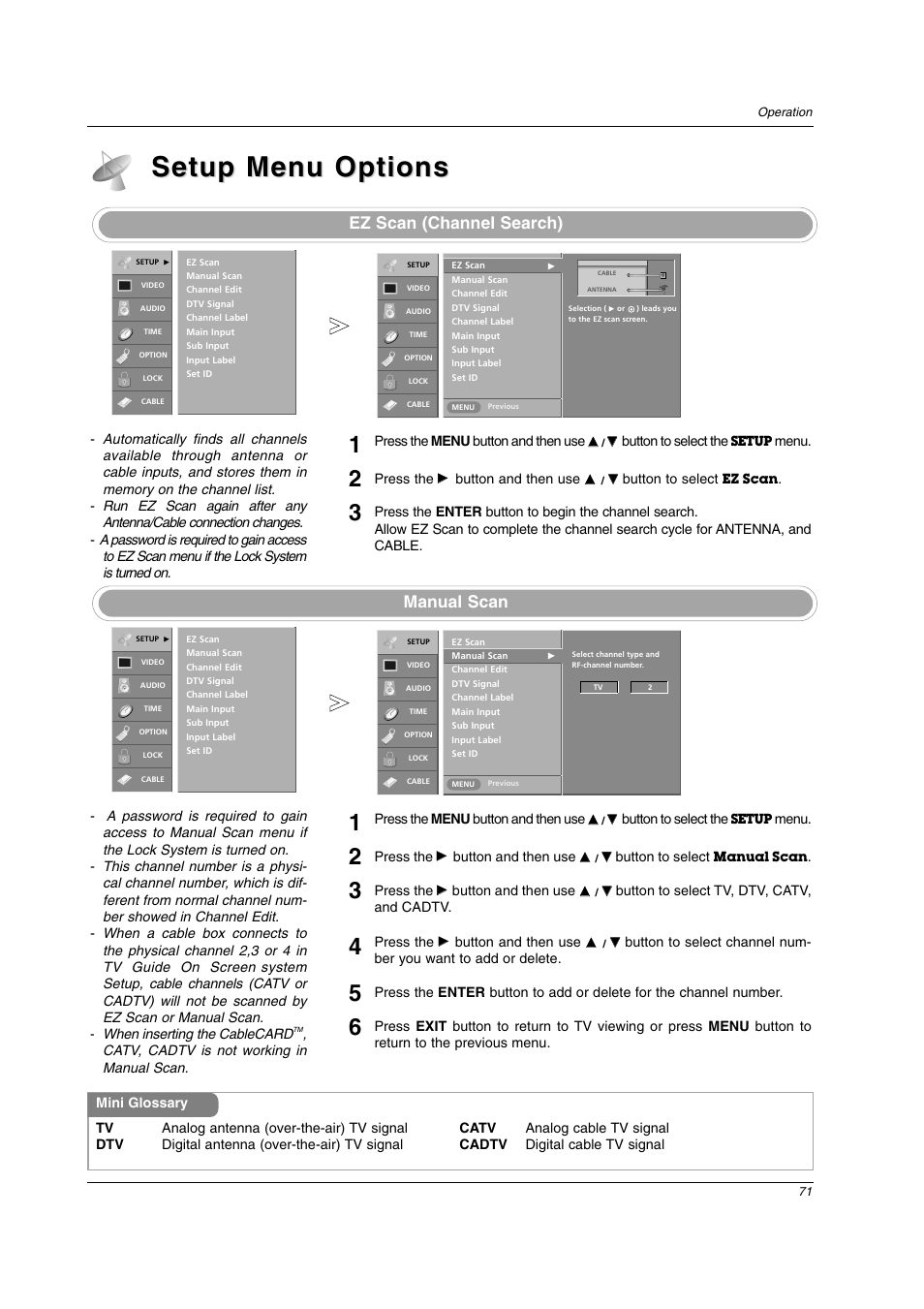 Setup menu options, Ez scan (channel search), Manual scan | LG 26LX2D User Manual | Page 71 / 116