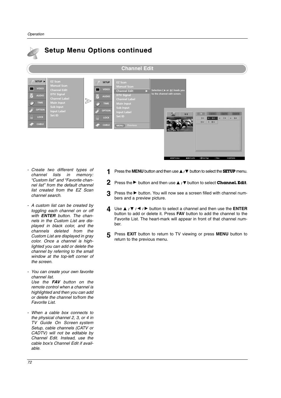 Setup menu options continued, Channel edit | LG 26LX2D User Manual | Page 72 / 116