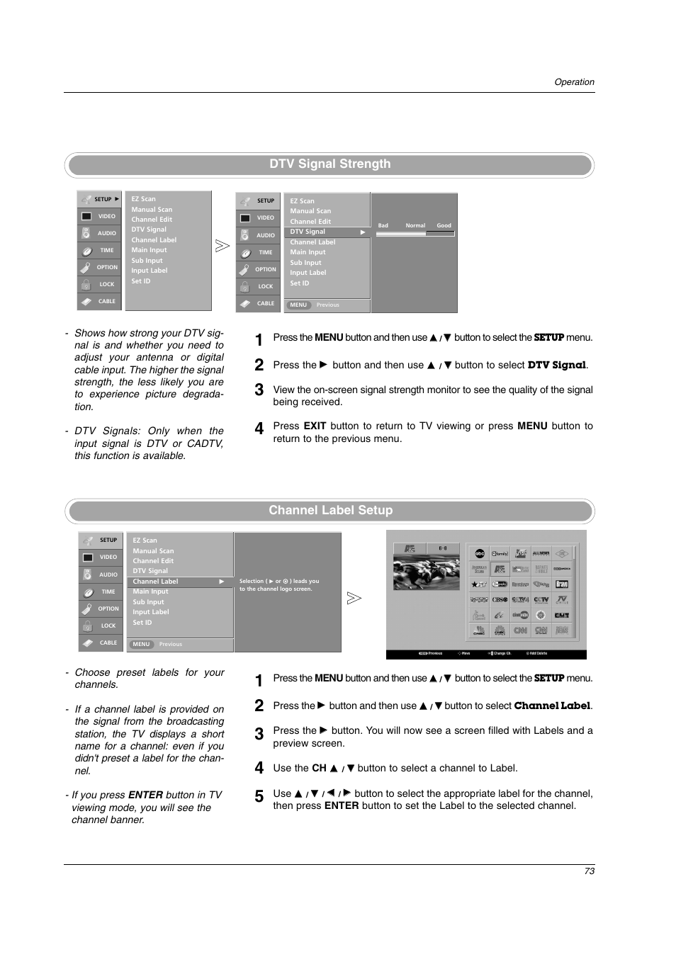 Dtv signal strength channel label setup | LG 26LX2D User Manual | Page 73 / 116