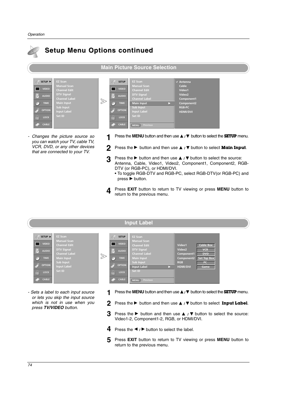 Setup menu options continued, Main picture source selection input label | LG 26LX2D User Manual | Page 74 / 116