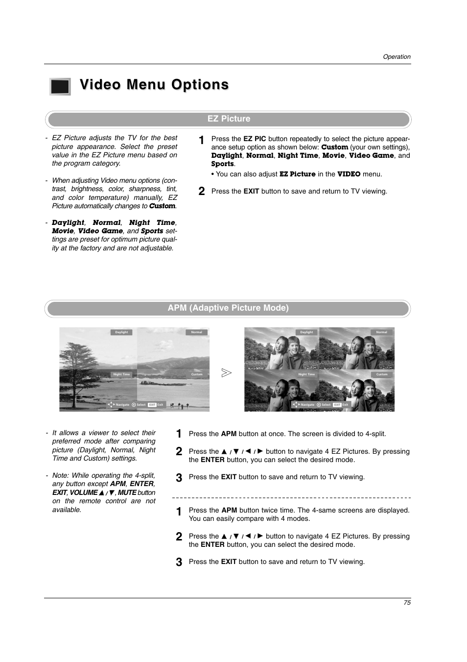 Video menu options ideo menu options, Apm (adaptive picture mode), Ez picture | LG 26LX2D User Manual | Page 75 / 116