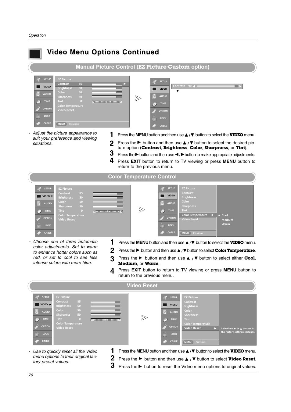 Color temperature control, Manual picture control, Option) | Video reset, Ez picture-custom | LG 26LX2D User Manual | Page 76 / 116