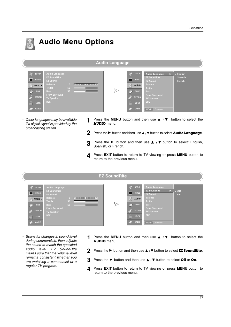Audio menu options, Audio language ez soundrite | LG 26LX2D User Manual | Page 77 / 116