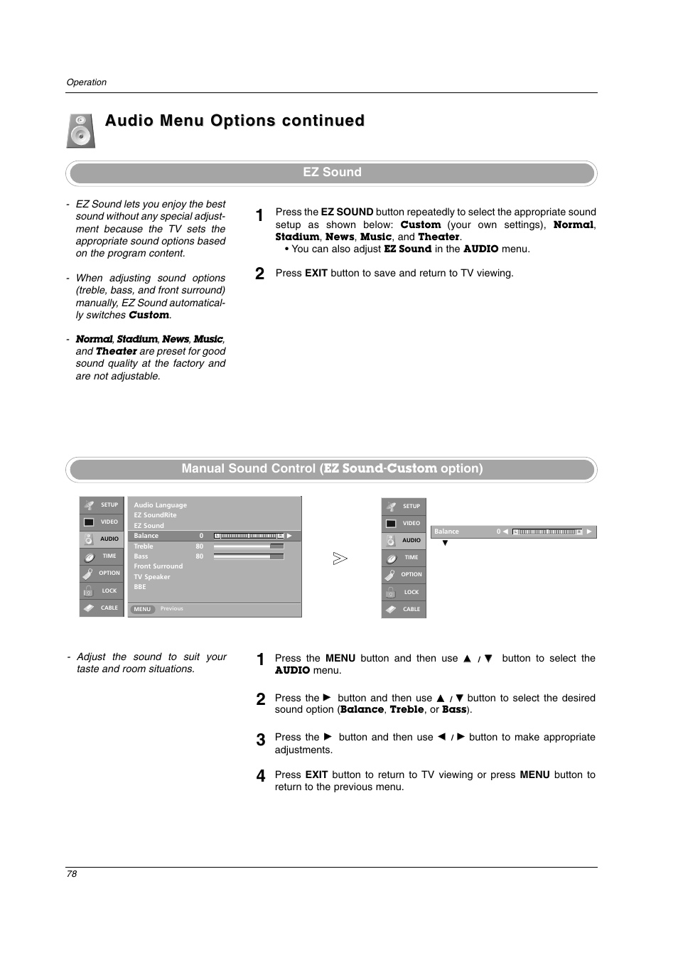 Audio menu options continued, Ez sound manual sound control, Option) | Ez sound-custom | LG 26LX2D User Manual | Page 78 / 116