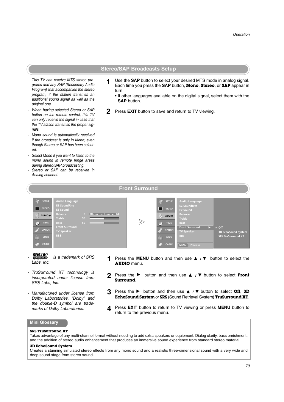 Stereo/sap broadcasts setup front surround | LG 26LX2D User Manual | Page 79 / 116
