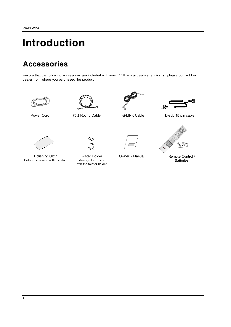 Introduction, Accessories | LG 26LX2D User Manual | Page 8 / 116