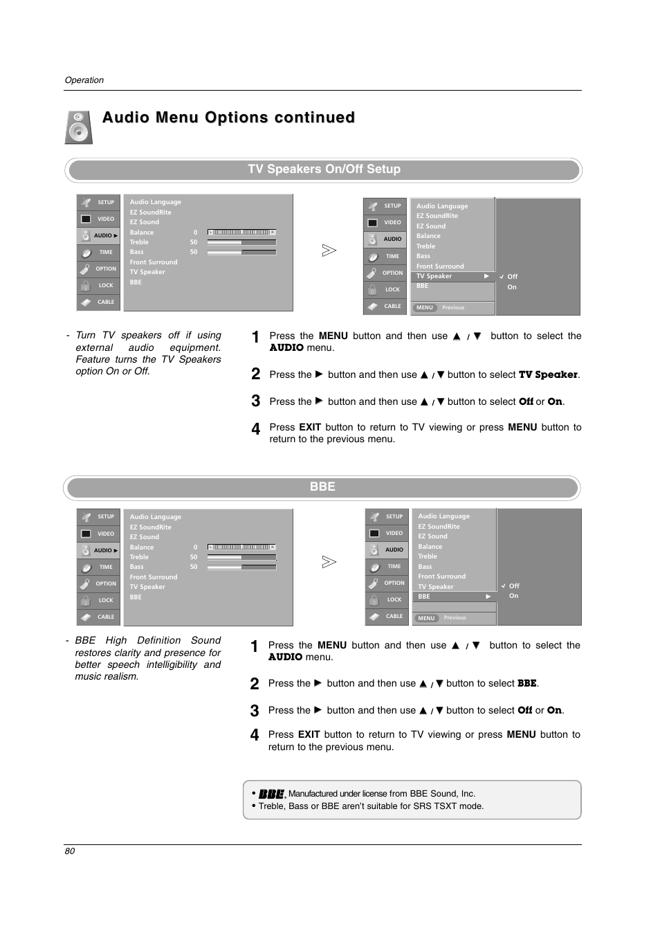 Audio menu options continued, Tv speakers on/off setup | LG 26LX2D User Manual | Page 80 / 116