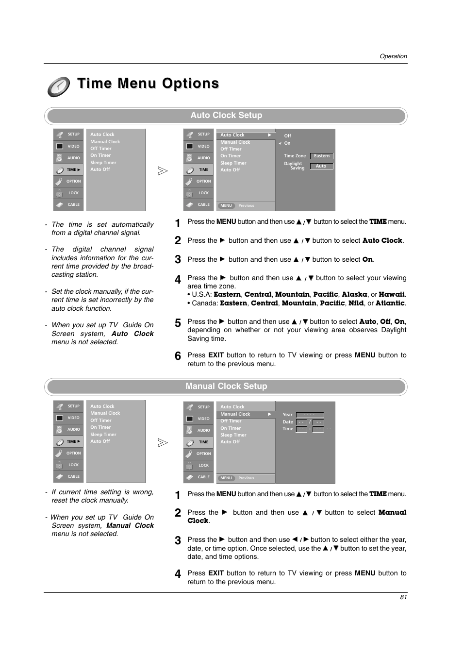 Time menu options ime menu options, Auto clock setup manual clock setup | LG 26LX2D User Manual | Page 81 / 116