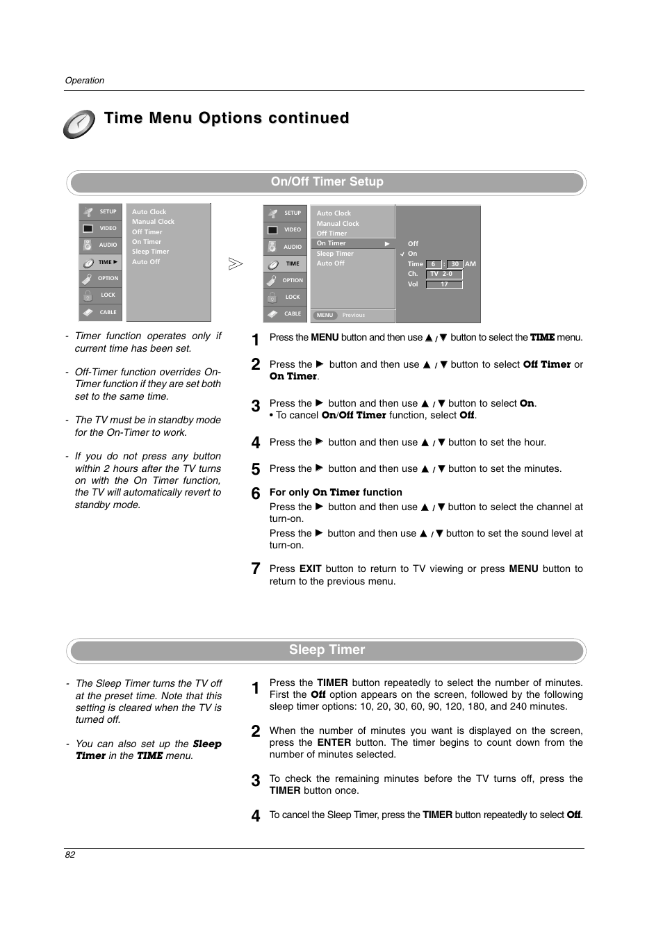 Sleep timer, On/off timer setup | LG 26LX2D User Manual | Page 82 / 116