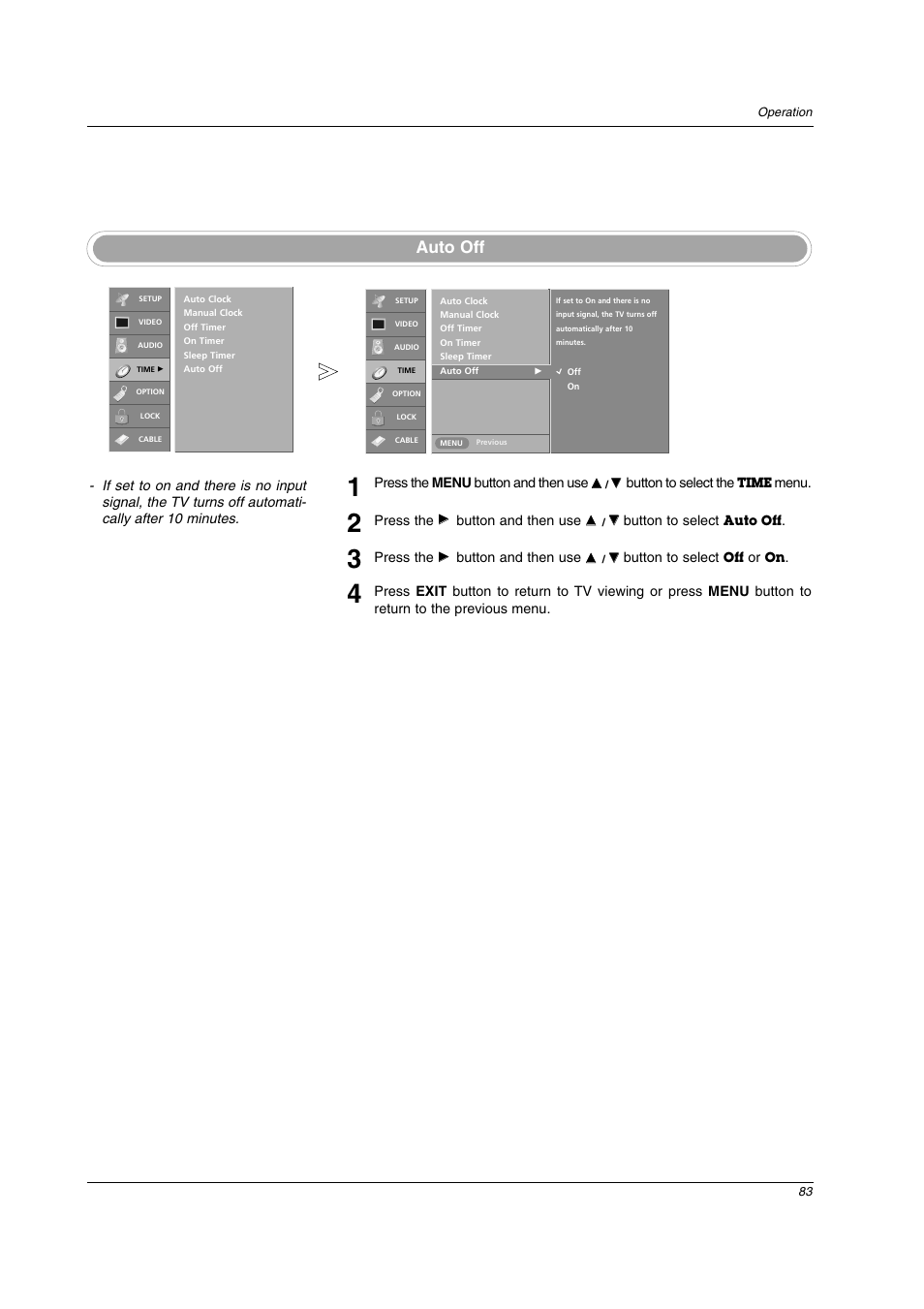 Auto off | LG 26LX2D User Manual | Page 83 / 116