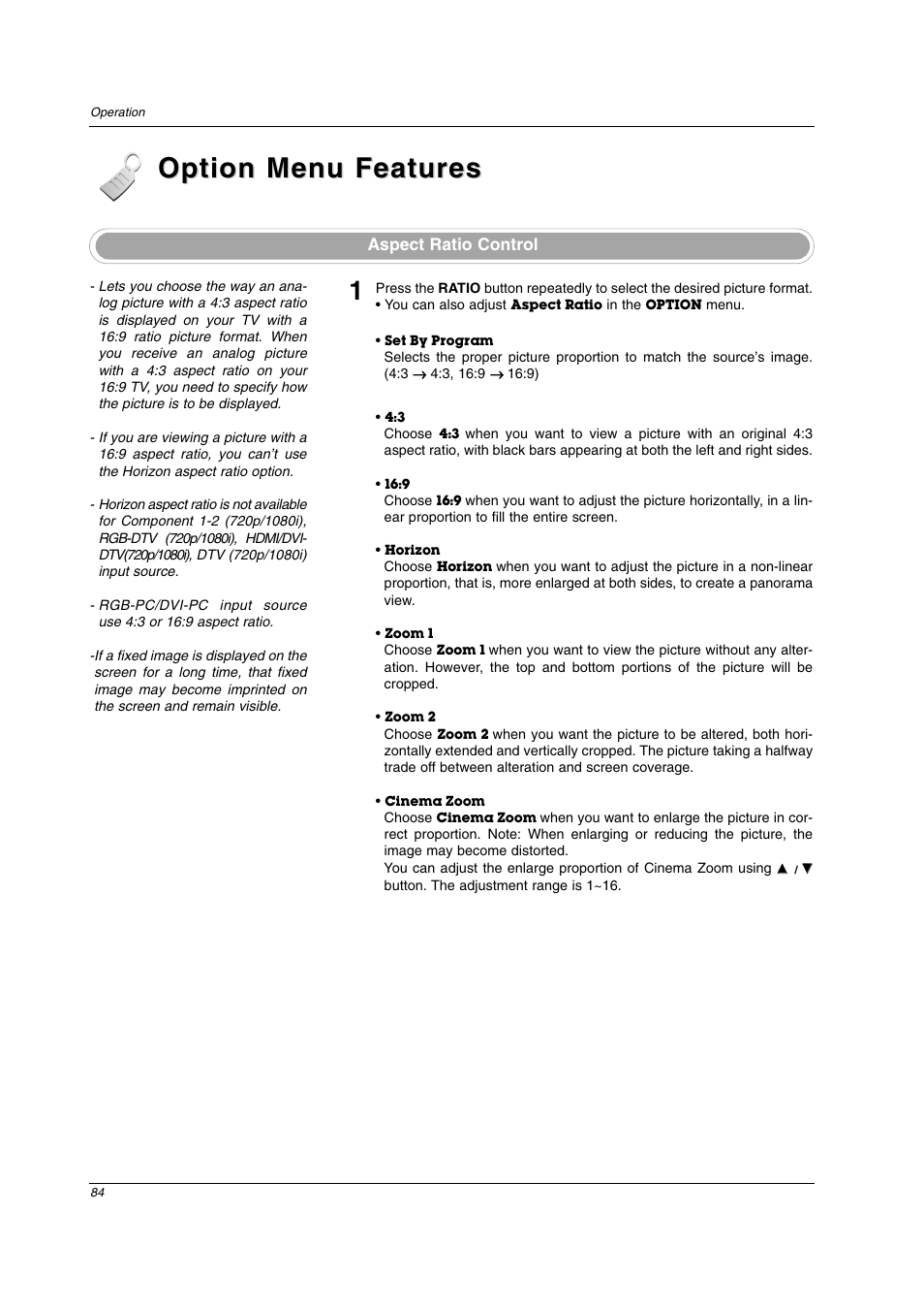 Option menu features | LG 26LX2D User Manual | Page 84 / 116