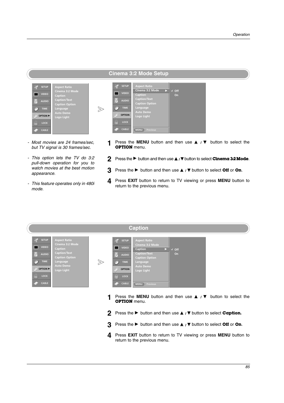 Cinema 3:2 mode setup, Caption | LG 26LX2D User Manual | Page 85 / 116