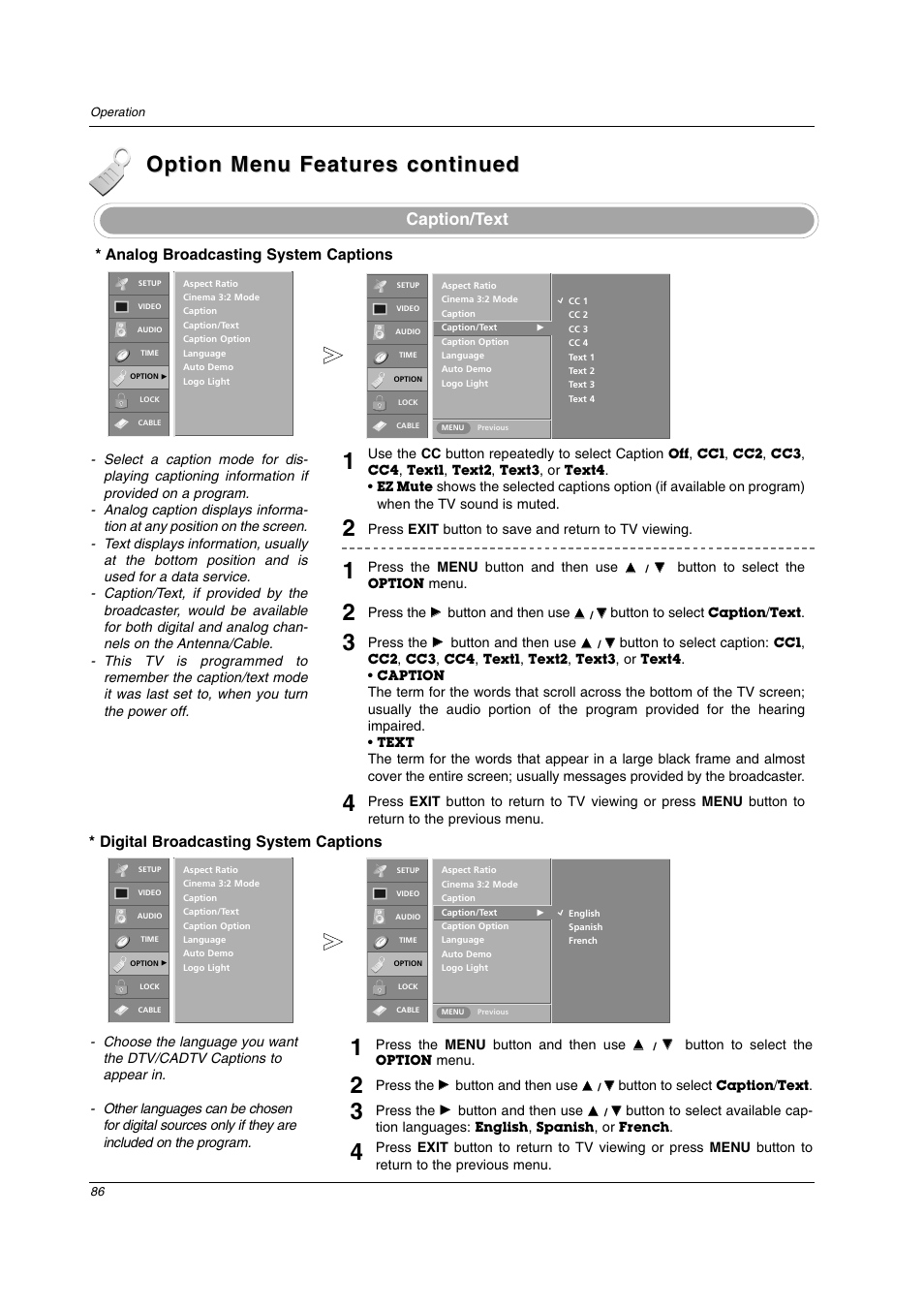 Option menu features continued, Caption/text | LG 26LX2D User Manual | Page 86 / 116