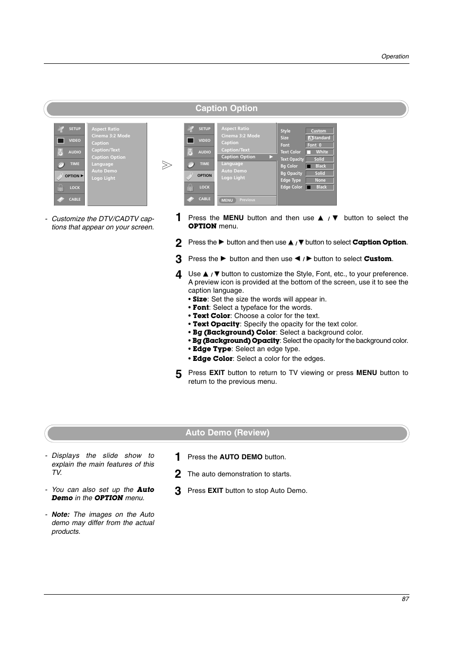 Auto demo (review), Caption option | LG 26LX2D User Manual | Page 87 / 116