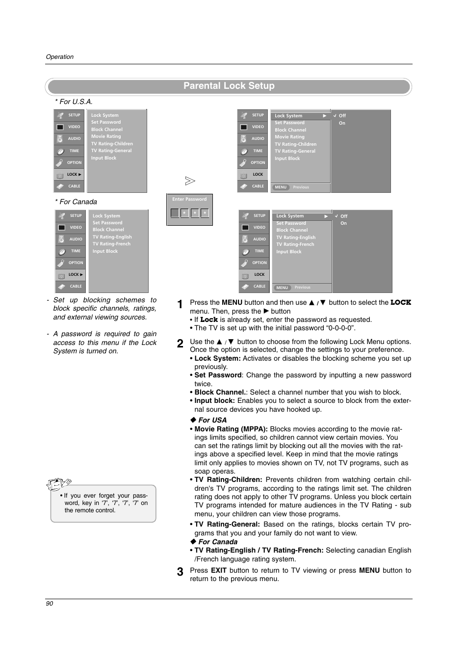 Parental lock setup | LG 26LX2D User Manual | Page 90 / 116