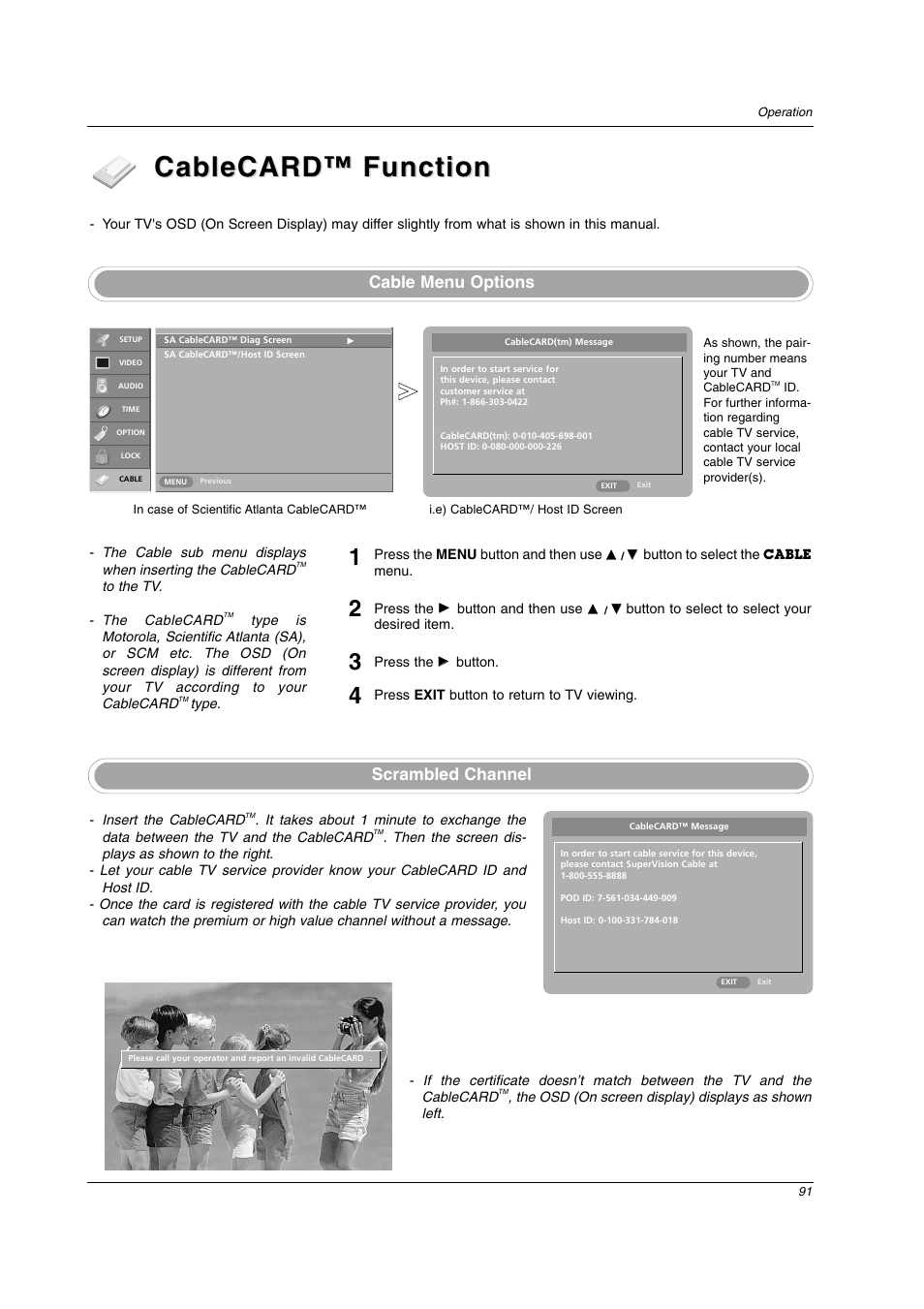 Cablecard, Cablecard ™ ™ function function, Cable menu options scrambled channel | LG 26LX2D User Manual | Page 91 / 116