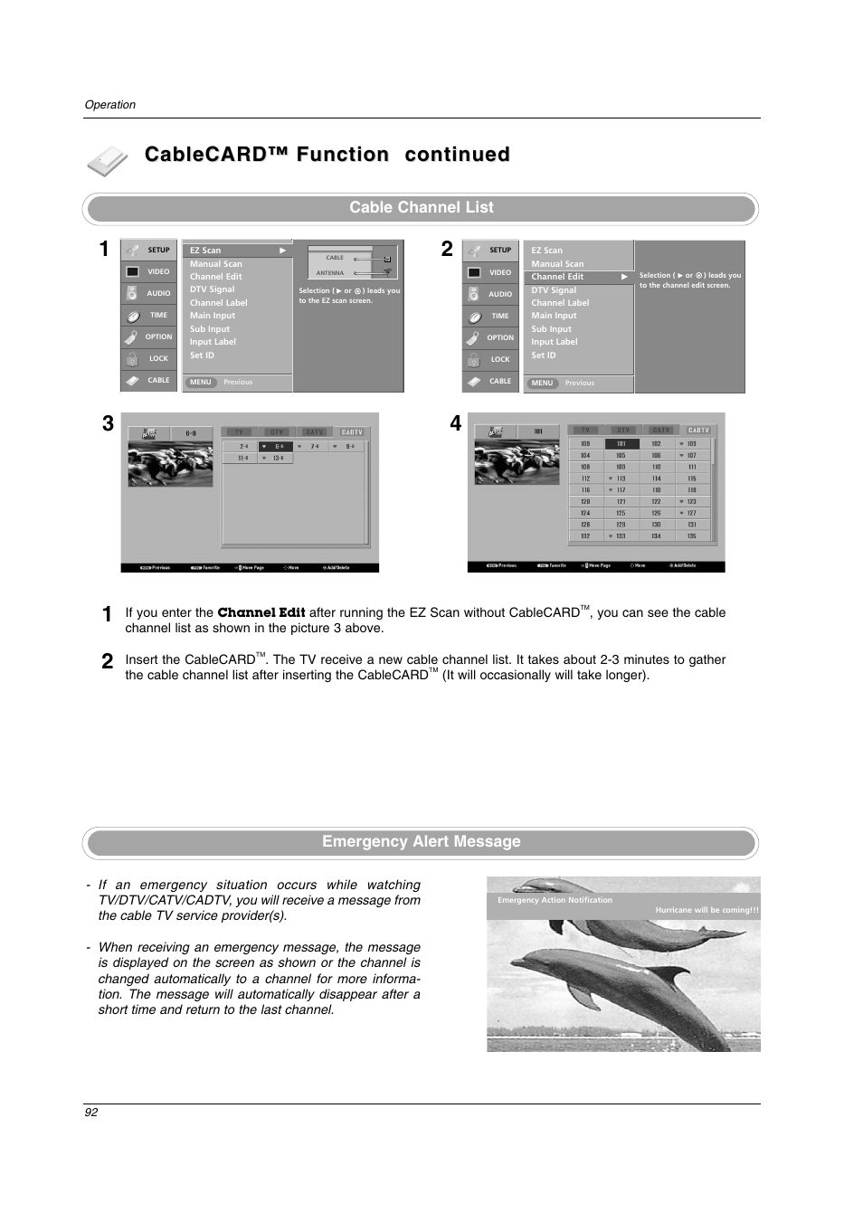 Cablecard, Cable channel list emergency alert message | LG 26LX2D User Manual | Page 92 / 116