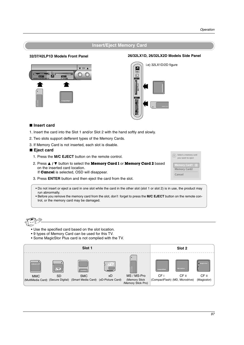 Insert card, Eject card | LG 26LX2D User Manual | Page 97 / 116