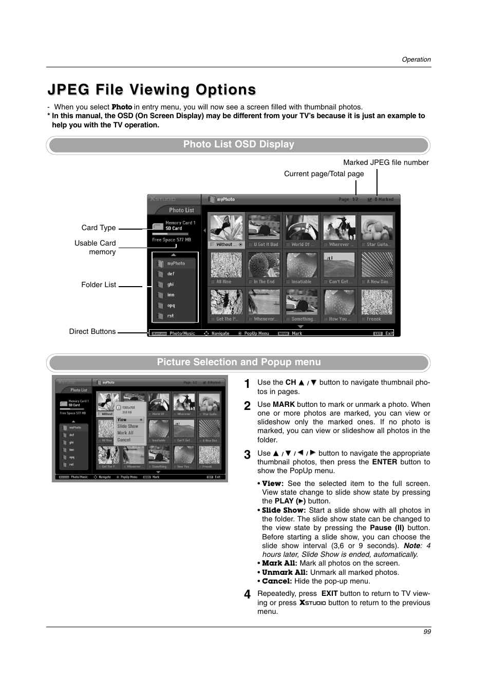 Jpeg file v, Jpeg file v iewing options iewing options, Photo list osd display | Picture selection and popup menu | LG 26LX2D User Manual | Page 99 / 116