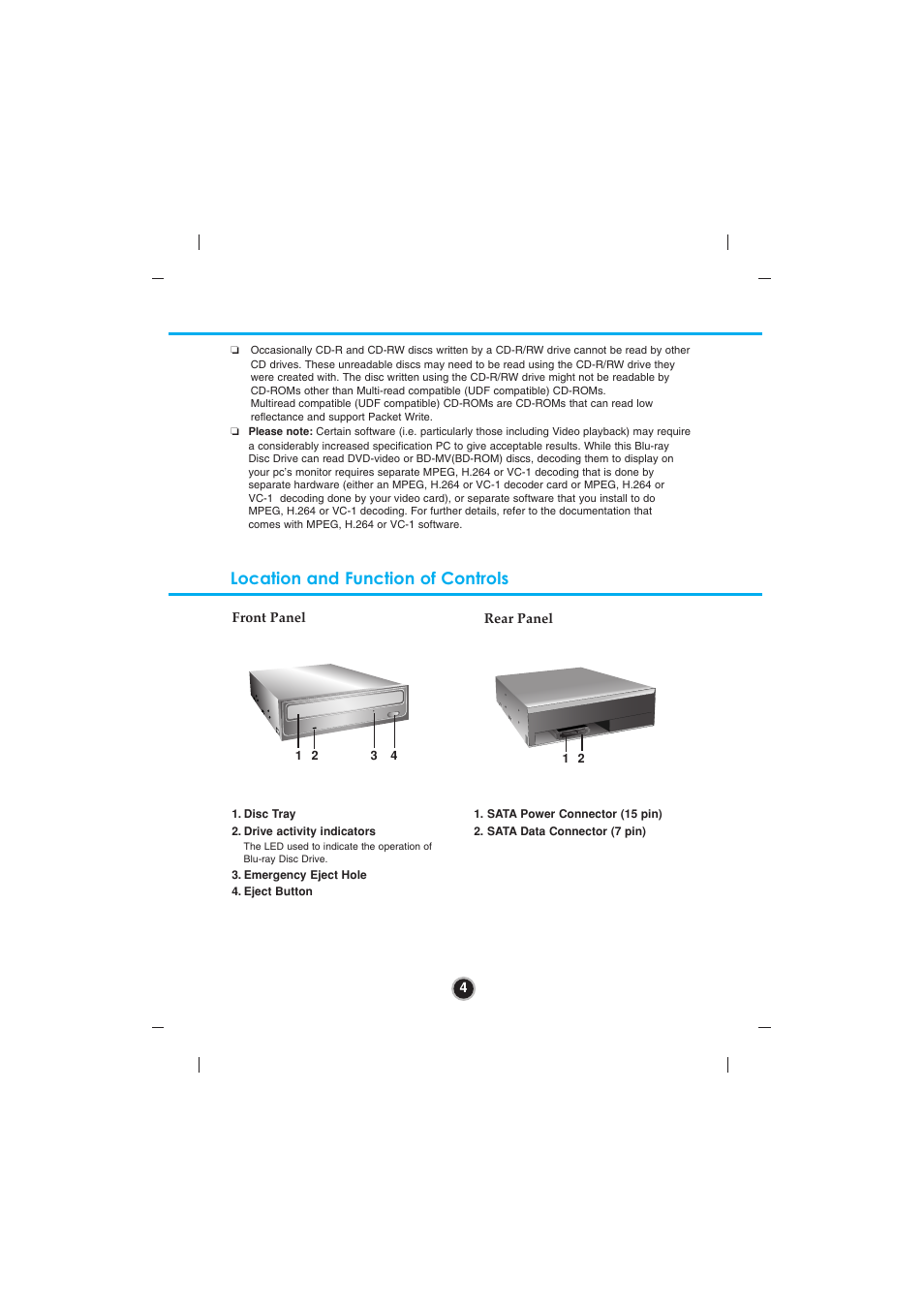 Location and function of controls | LG BLU-RAY DISC DRIVE GBC-H20L User Manual | Page 7 / 15