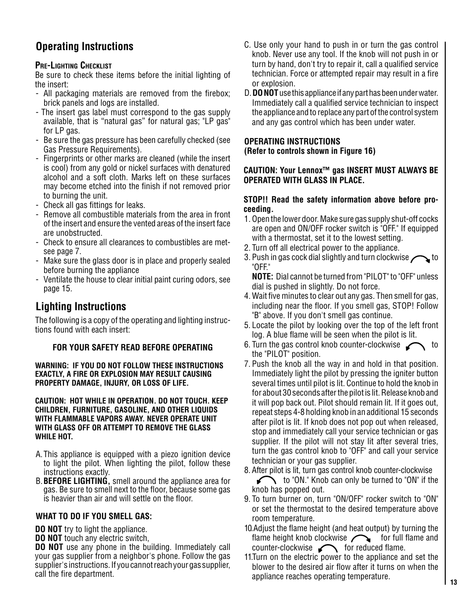 Operating instructions, Lighting instructions | LG B-VENT GAS GC3 User Manual | Page 13 / 24