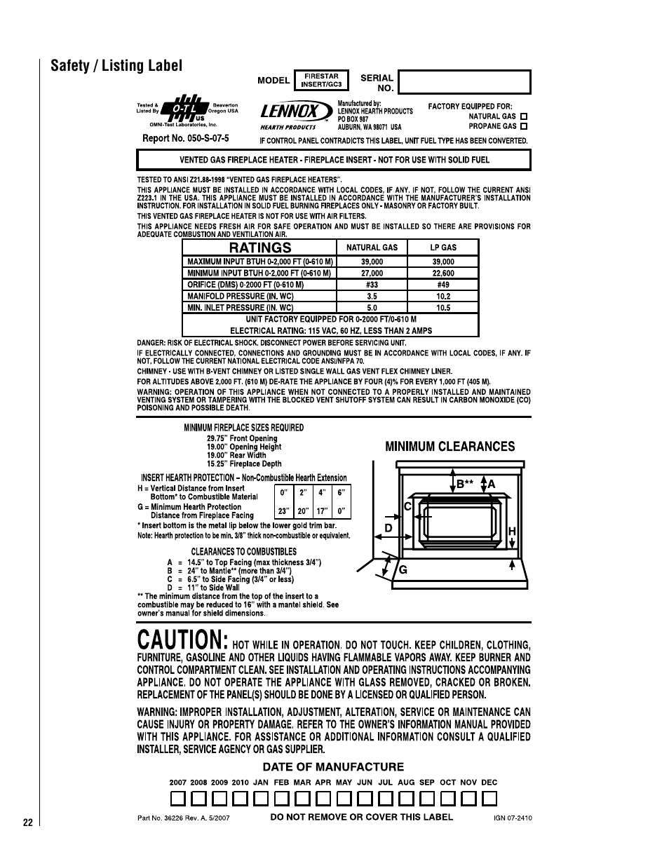 Safety / listing label | LG B-VENT GAS GC3 User Manual | Page 22 / 24