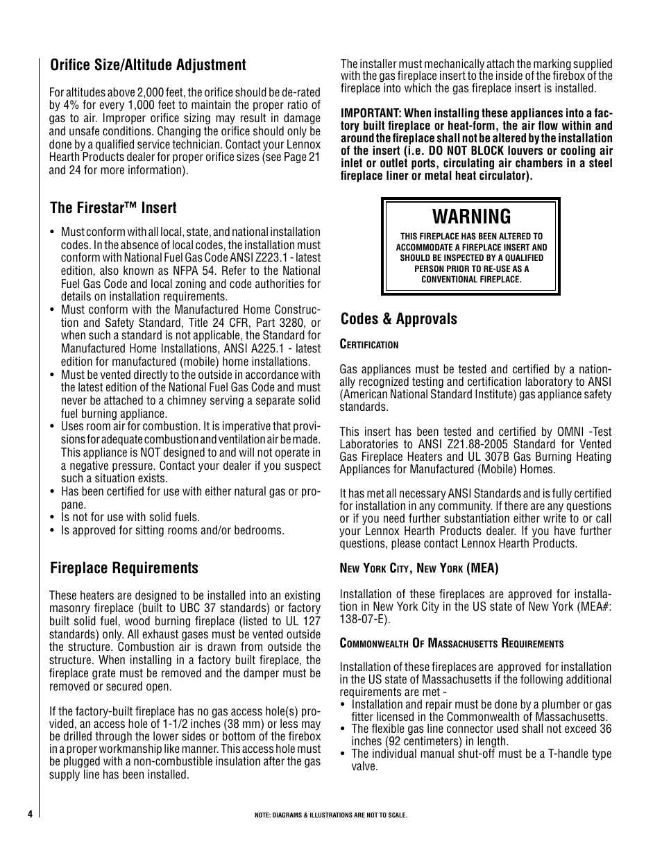 Warning, Codes & approvals, Orifice size/altitude adjustment | The firestar™ insert, Fireplace requirements | LG B-VENT GAS GC3 User Manual | Page 4 / 24