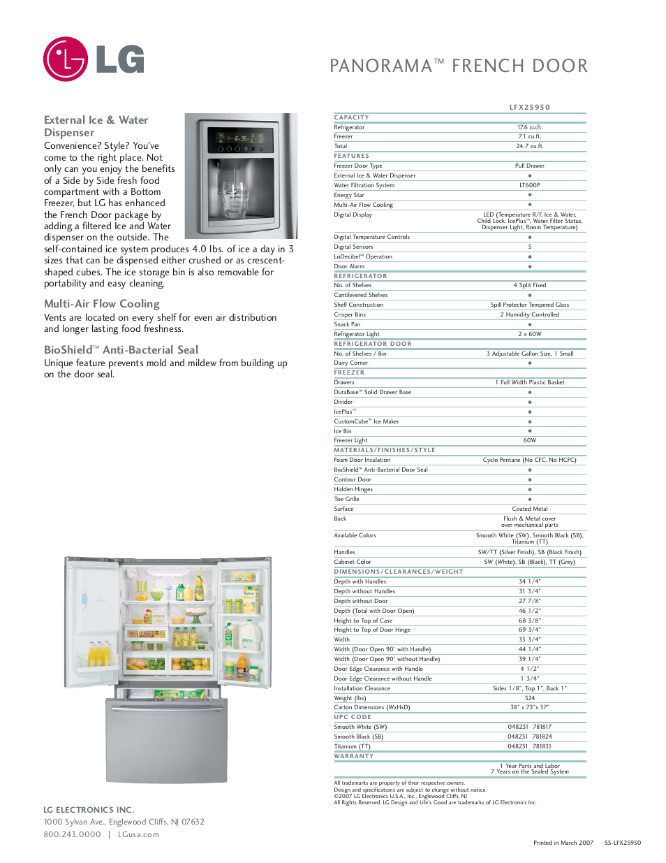 External ice & water dispenser, Multi-air flow cooling, Bioshield™ anti-bacterial seal | Panorama™ french door, Lg electronics inc | LG LFX25950 User Manual | Page 2 / 2