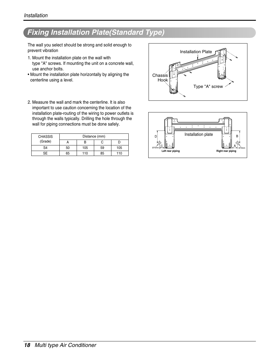 Fixing installation plate(standard type), 18 multi type air conditioner installation | LG A2UH243FA0(LMU240HE) User Manual | Page 18 / 86