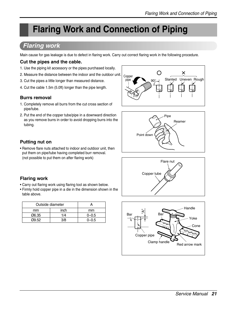 Flaring work and connection of piping, Flaring work | LG A2UH243FA0(LMU240HE) User Manual | Page 21 / 86