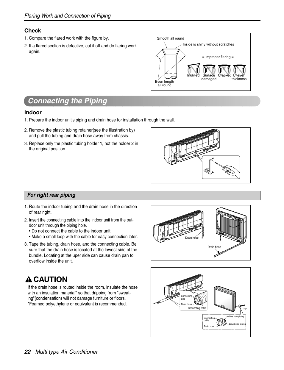 Connecting the piping, Indoor, For right rear piping | LG A2UH243FA0(LMU240HE) User Manual | Page 22 / 86