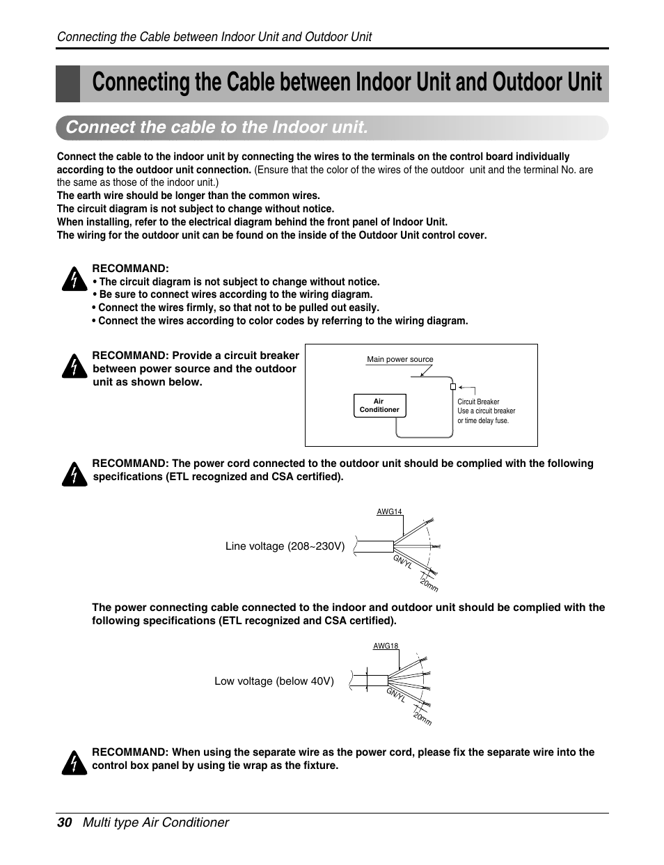 Connect the cable to the indoor unit | LG A2UH243FA0(LMU240HE) User Manual | Page 30 / 86