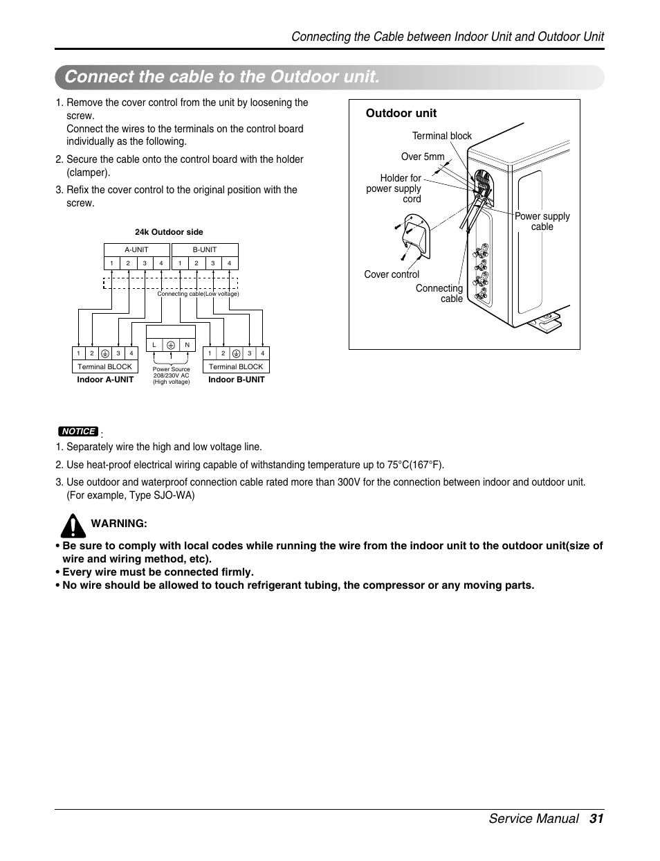 Connect the cable to the outdoor unit, Service manual 31, Outdoor unit | LG A2UH243FA0(LMU240HE) User Manual | Page 31 / 86