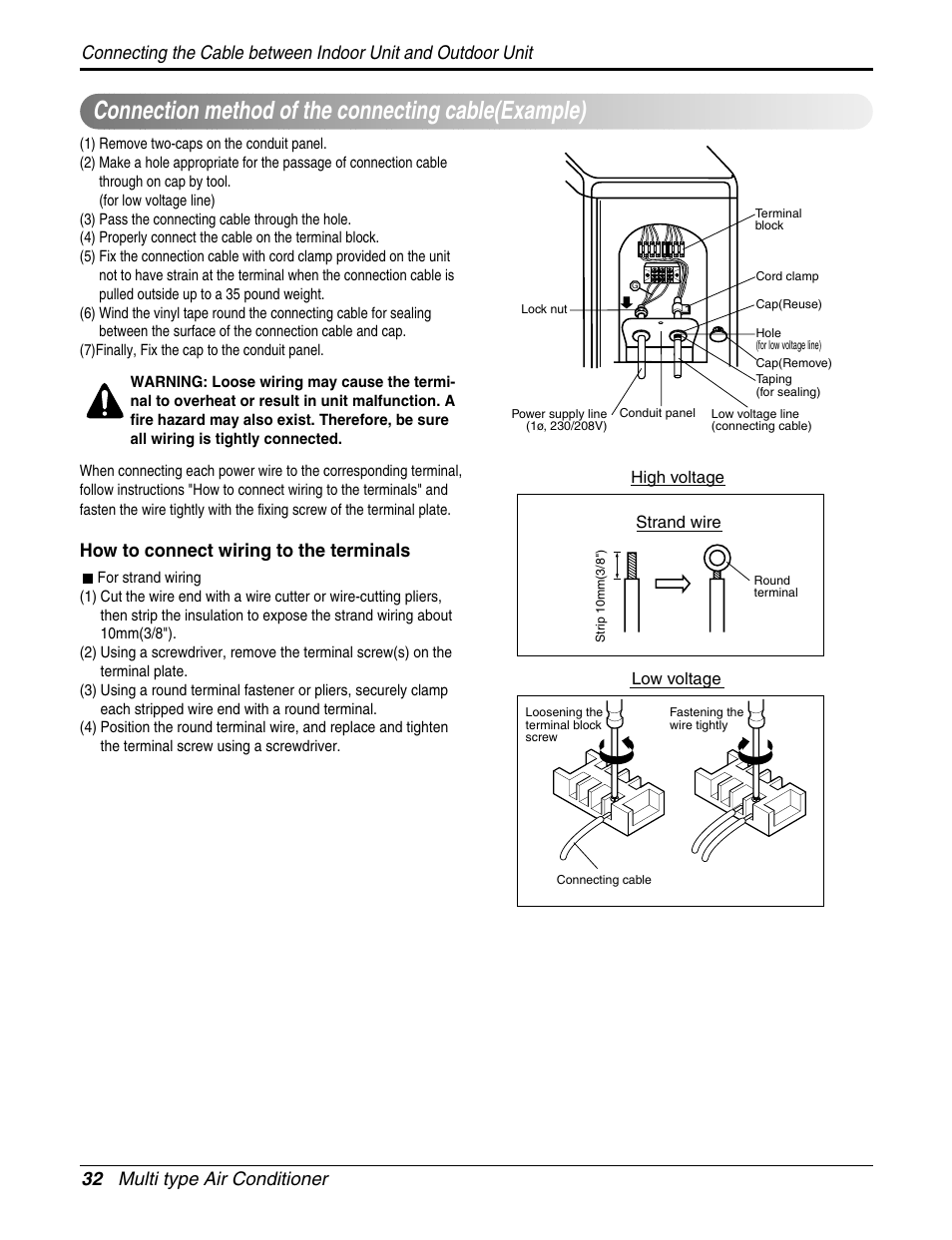 Connection method of the connecting cable(example), 32 multi type air conditioner, How to connect wiring to the terminals | LG A2UH243FA0(LMU240HE) User Manual | Page 32 / 86