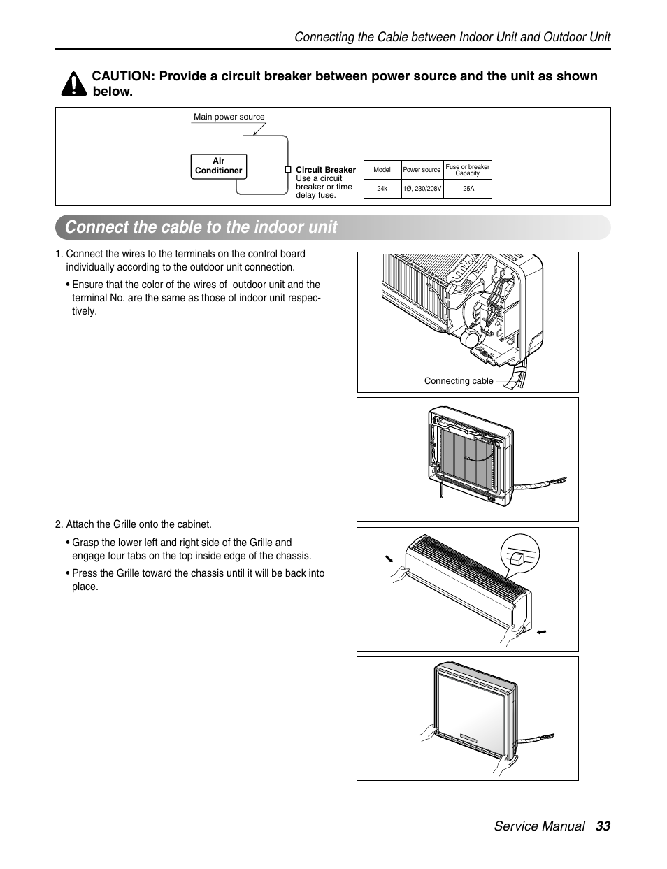 Connect the cable to the indoor unit, Service manual 33 | LG A2UH243FA0(LMU240HE) User Manual | Page 33 / 86