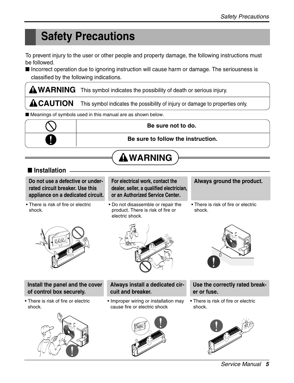 Safety precautions, Warning, Warning caution | LG A2UH243FA0(LMU240HE) User Manual | Page 5 / 86