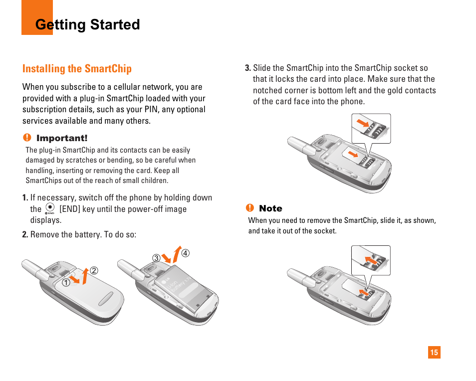 Getting started, Installing the smartchip | LG CU320 User Manual | Page 19 / 99